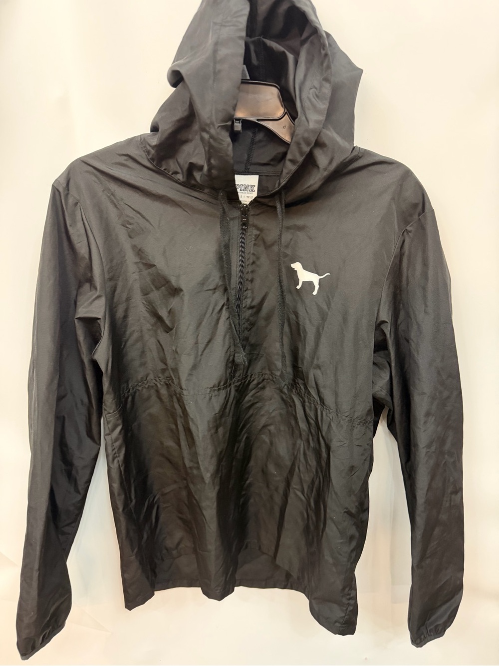 Lightweight Black Windbreaker Hoodie Jacket with Dog Logo Women’s size XS/S